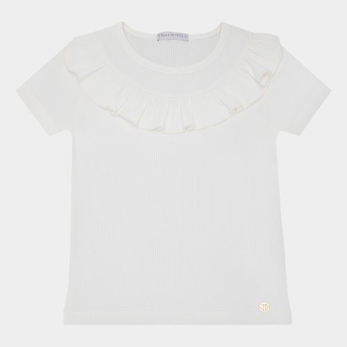 Blusa Infantil Feminina Canelada Manga Curta com Babados - OFF WHITE