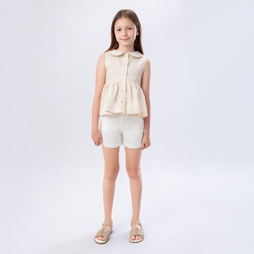 Bata Infantil Feminina Manga Cavada Puro Linho Ponto Smock - PALHA