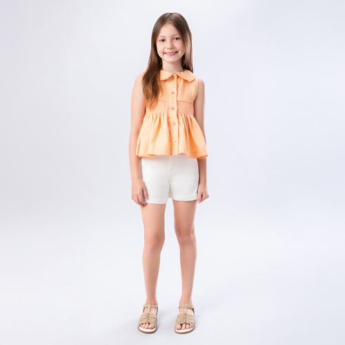 Bata Infantil Feminina Manga Cavada Puro Linho Ponto Smock - PEACH FUZZ