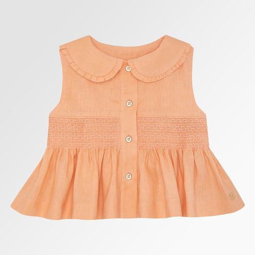 Bata Infantil Feminina Manga Cavada Puro Linho Ponto Smock - PEACH FUZZ