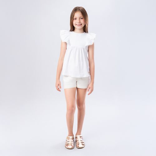 Blusa Infantil Feminina Manga Curta Cotton com Babados - BRANCO