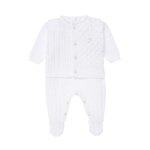 Saída de Maternidade Masculina Tricot Casaco e Jardineira - BRANCO