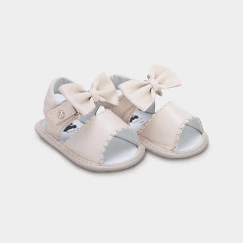 Sandália de Bebê Feminina Couro com Babadinhos e Laço - OFF WHITE