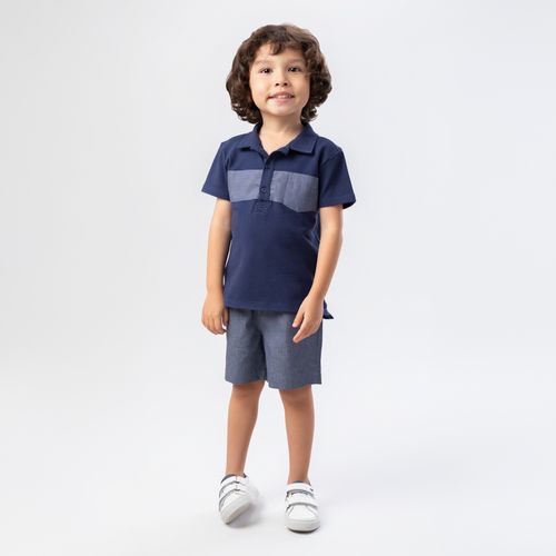 Conjunto de Bebê Masculino Polo com Bermuda Listrada - AZUL MARINHO