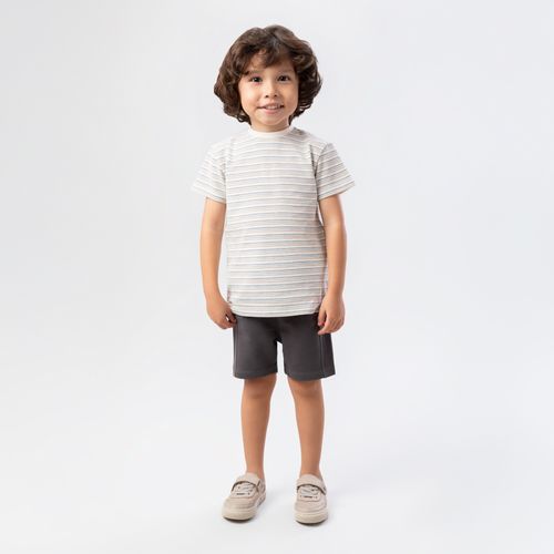 Conjunto de Bebê Masculino Piquet Listrado com Bermuda - CINZA