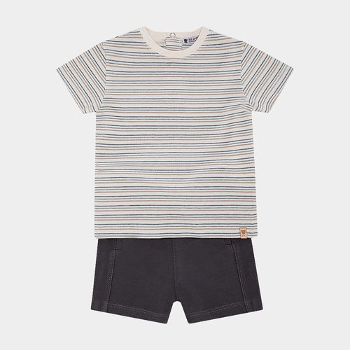 Conjunto de Bebê Masculino Piquet Listrado com Bermuda - CINZA