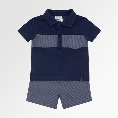Conjunto de Bebê Masculino Polo com Bermuda Listrada - AZUL MARINHO