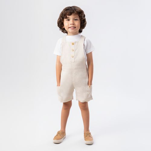 Jardineira de Bebê Masculina Puro Linho com Bolsos - NATURAL