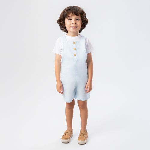 Jardineira de Bebê Masculina Puro Linho com Bolsos - AZUL BEBE