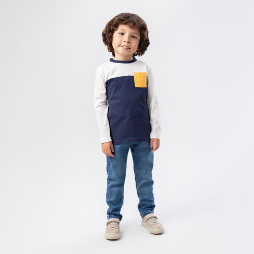 Camiseta de Bebê Masculina Manga Longa Malha com Recortes - AZUL MARINHO