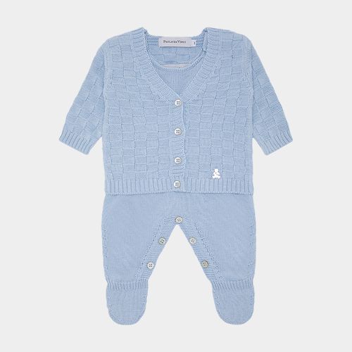 Saída de Maternidade Unissex com Manta Tricot Quadriculado - AZUL SKY