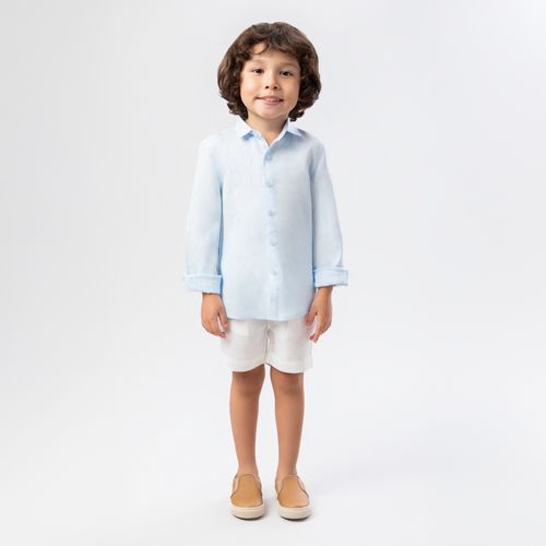 Camisa de Bebê Masculina Manga Longa Puro Linho - AZUL BEBE