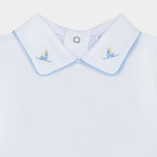 Body de Bebê Masculino Manga Curta Algodão Egípcio Bordado Barco - BRANCO