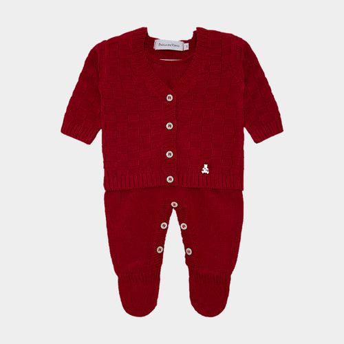 Saída de Maternidade Unissex com Manta Tricot Quadriculado - VERMELHO