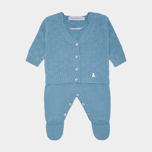 Saída de Maternidade Unissex com Manta Tricot Quadriculado - AZUL CANTO
