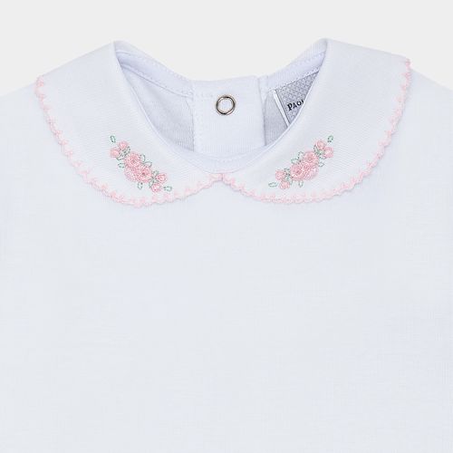 Body de Bebê Feminino  Manga Curta Algodão Egípcio Bordado Flores - BRANCO