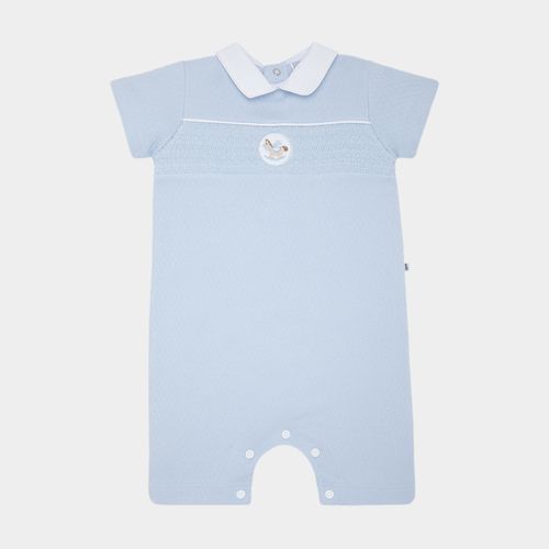 Macacão de Bebê Masculino Curto Ponto Smock com Bordado - AZUL BEBE