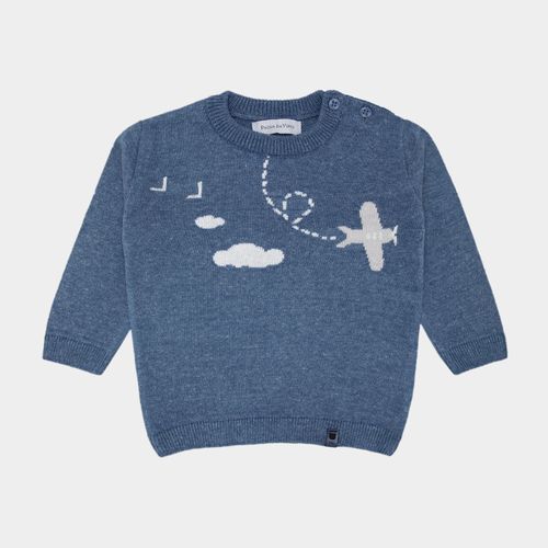 Blusa Tricot de Bebê Masculina Manga Longa Jacquard Avião - AZUL MESCLA