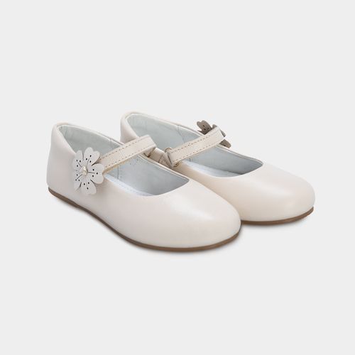 Sapato Boneca Infantil Feminino Couro com Flor Lateral - OFF WHITE