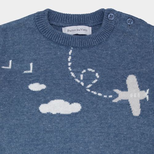 Blusa Tricot de Bebê Masculina Manga Longa Jacquard Avião - AZUL MESCLA