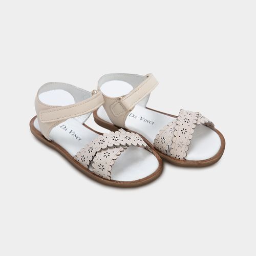 Sandália Infantil Feminina Couro com Babadinhos e Flores - OFF WHITE