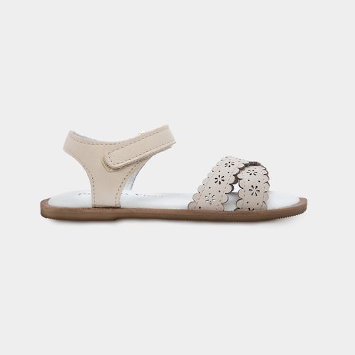 Sandália Infantil Feminina Couro com Babadinhos e Flores - OFF WHITE