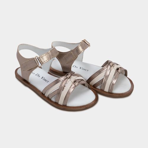 Sandália Infantil Feminina Couro com Tiras Metálicas - OFF/METALIC