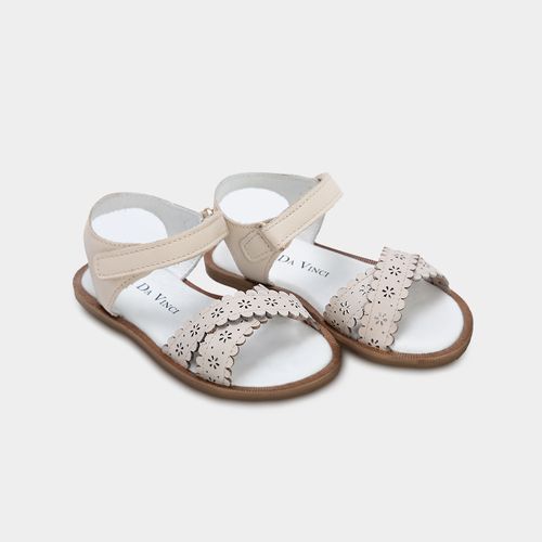 Sandália Toddler Feminina Couro com Babadinhos e Flores - OFF WHITE