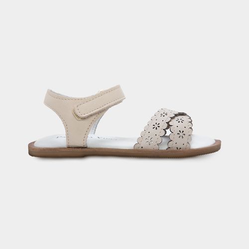 Sandália Toddler Feminina Couro com Babadinhos e Flores - OFF WHITE
