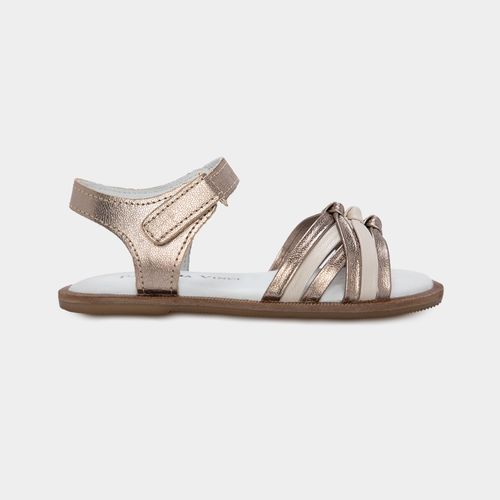 Sandália Infantil Feminina Couro com Tiras Metálicas - OFF/METALIC