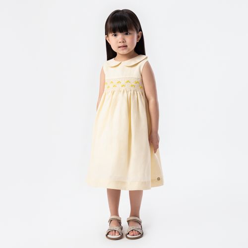 Vestido de Bebê Feminino Puro Linho Bordado Ponto Smock - AMARELO