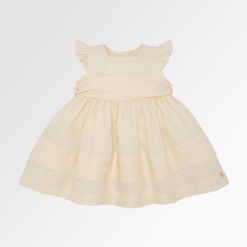 Vestido de Bebê Feminino Puro Linho com Pregas - AMARELO