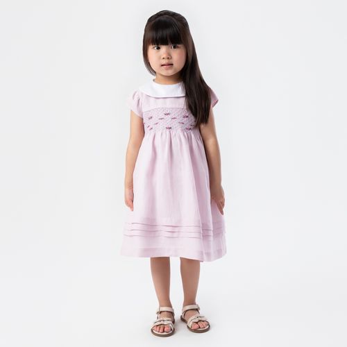 Vestido de Bebê Feminino Puro Linho Bordado Ponto Smock - LILAS