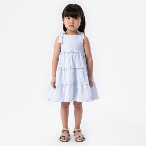 Vestido de Bebê Feminino Anarruga Listrado com Babados - AZUL BEBE