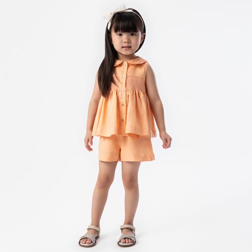 Conjunto de Bebê Feminino Puro Linho Ponto Smock - PEACH FUZZ