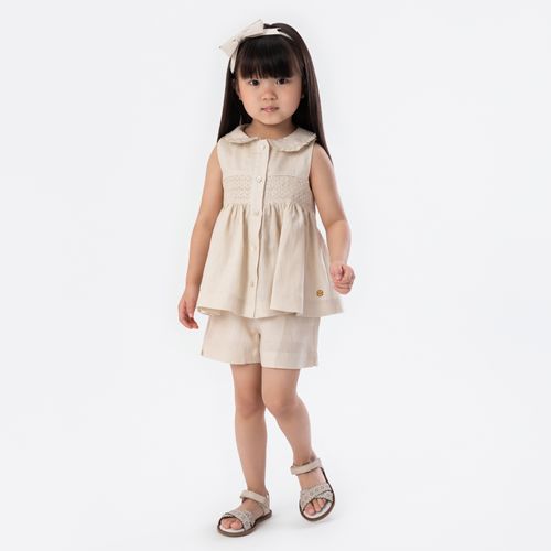 Conjunto de Bebê Feminino Puro Linho Ponto Smock - PALHA