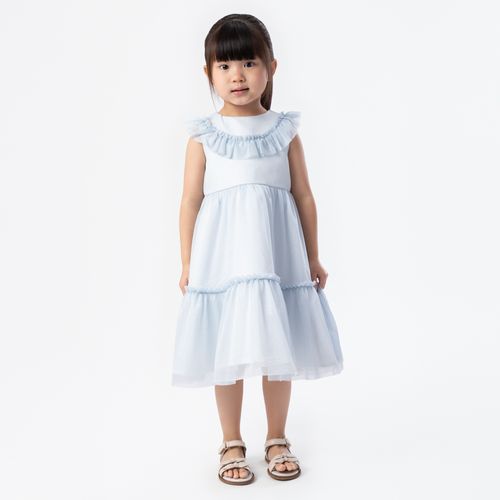 Vestido de Festa de Bebê Feminino Tule com Babados - AZUL BEBE