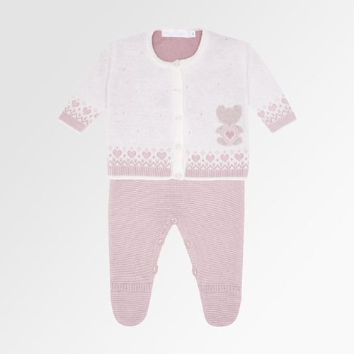 Saída de Maternidade Feminina Tricot Jacquard Urso com Coração - ROSE UNA