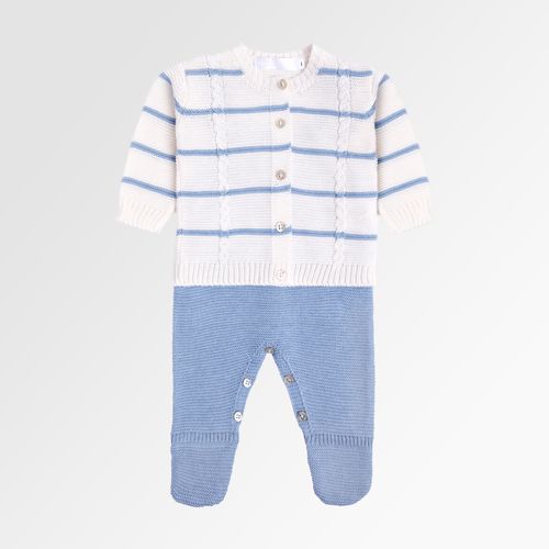 Saída de Maternidade Masculina com Manta Tricot com Casaco Ponto Trança Listrado - AZUL ANDES/NAT