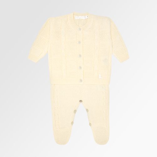 Saída de Maternidade Masculina com Manta Tricot Quadrados Ponto Trança - AMARELO