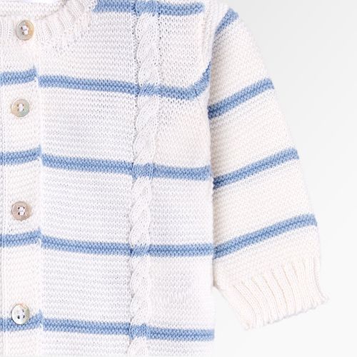 Saída de Maternidade Masculina com Manta Tricot com Casaco Ponto Trança Listrado - AZUL ANDES/NAT