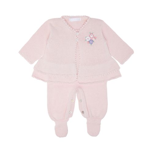 Saída de Maternidade Feminina Tricot Bordado Flores - ROSA PASTEL