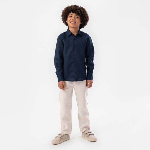 Camisa Infantil Masculina Manga Longa Puro Linho - AZUL MARINHO