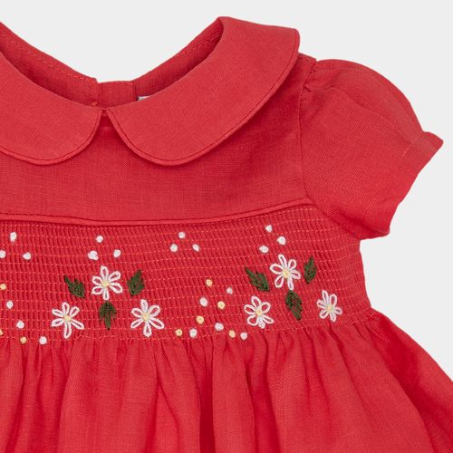 Vestido de Bebê Feminino Puro Linho Bordado Ponto Smock - VERMELHO