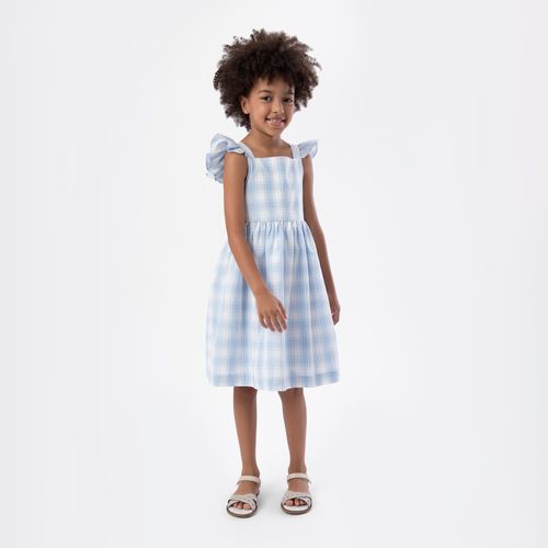 Vestido Infantil Feminino Xadrez com Babados - AZUL BEBE