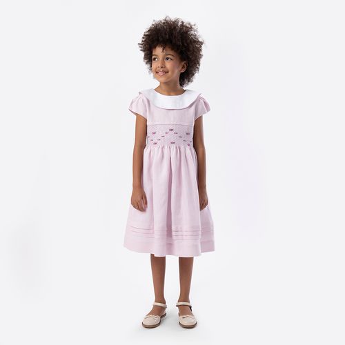 Vestido Infantil Feminino Puro Linho Bordado Ponto Smock - LILAS