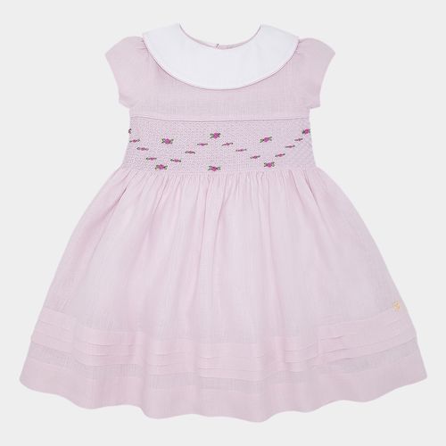 Vestido Infantil Feminino Puro Linho Bordado Ponto Smock - LILAS