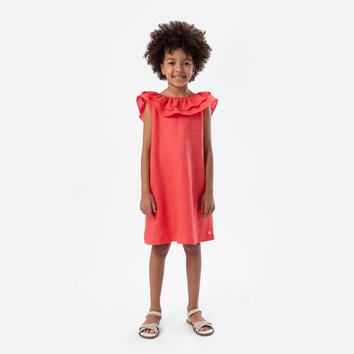 Vestido Infantil Feminino Puro Linho com Babados - VERMELHO