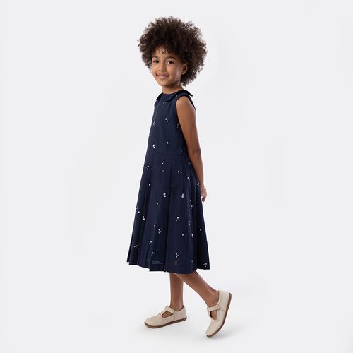 Vestido Infantil Feminino Anarruga Listrado com Bordados - AZUL MARINHO