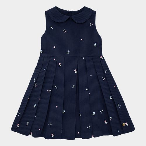 Vestido Infantil Feminino Anarruga Listrado com Bordados - AZUL MARINHO